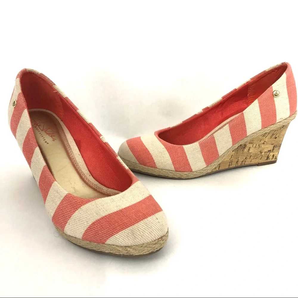 Life Stride Cork‎ Wedges Striped Coral Beach Resortwear Coastal Grandma Comfort